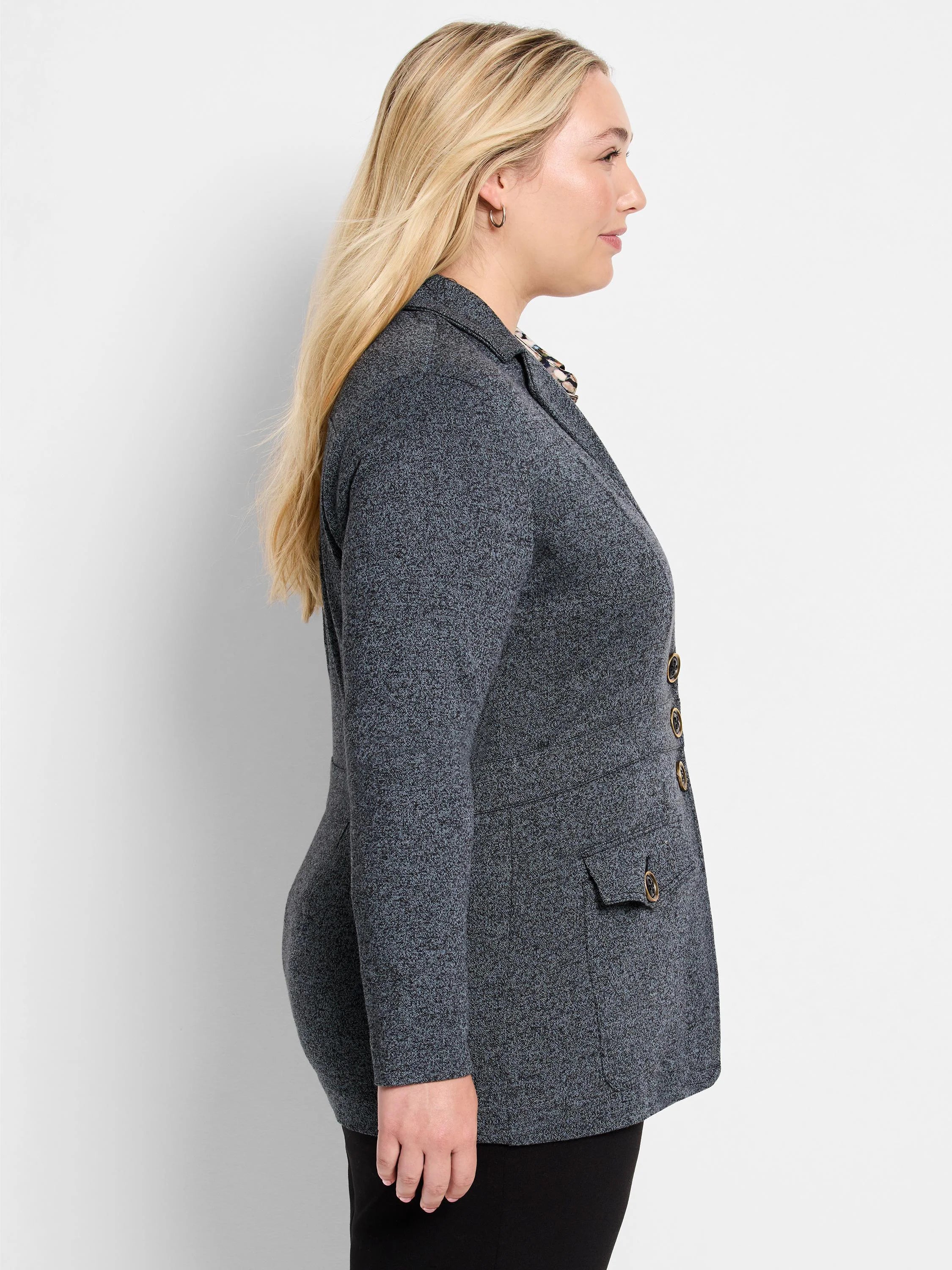 Dark grey heathered knit blazer with notched lapels, four gold buttons, and flap pockets.