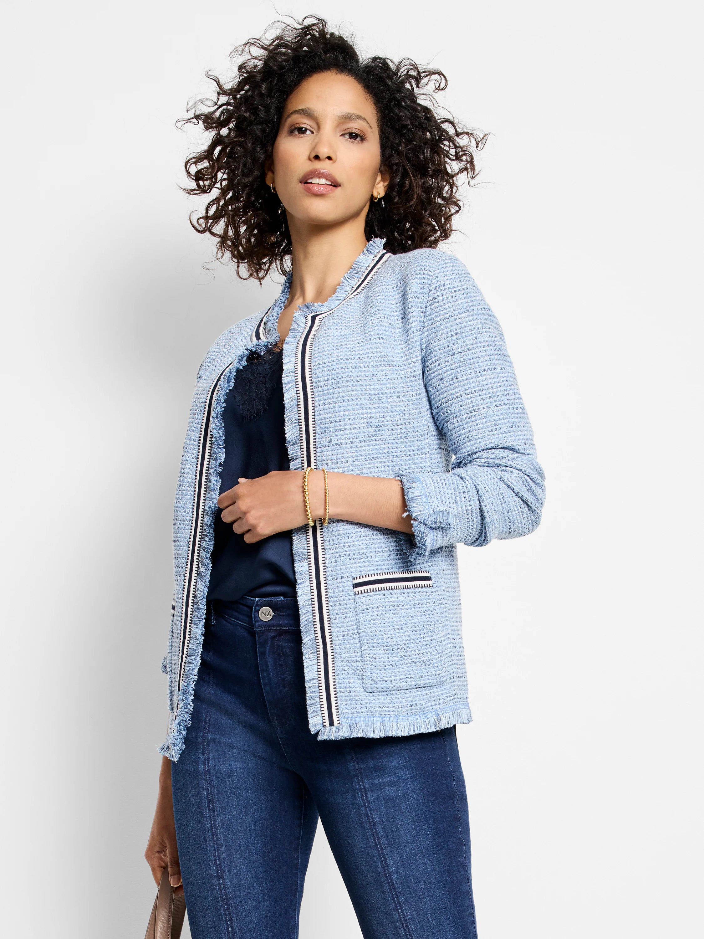 Indigo Fringe Mix Knit Jacket in Blt