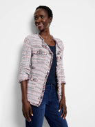 Pink, white, and navy plaid knit jacket with fringe edges on lapels, pockets, and cuffs, plus silver buttons.