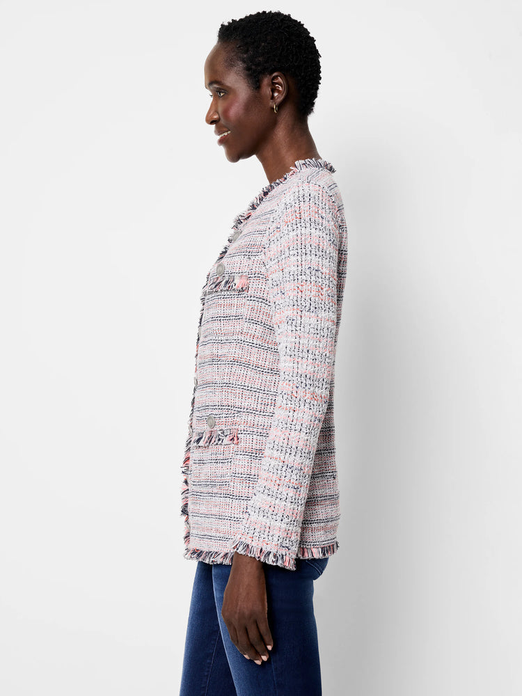 White, pink, navy knit tweed jacket with fringe edges, round buttons, and flap pockets.