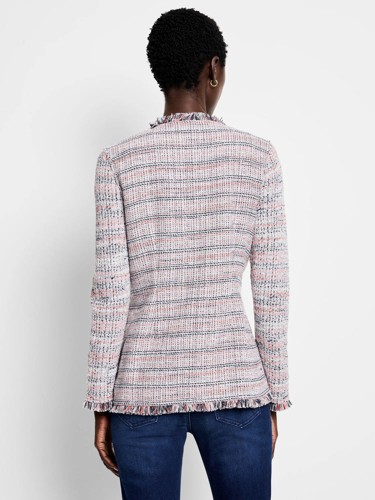Rear view of a collarless pink, white, & navy plaid mix knit jacket with fringe on collar, cuffs, and hem.