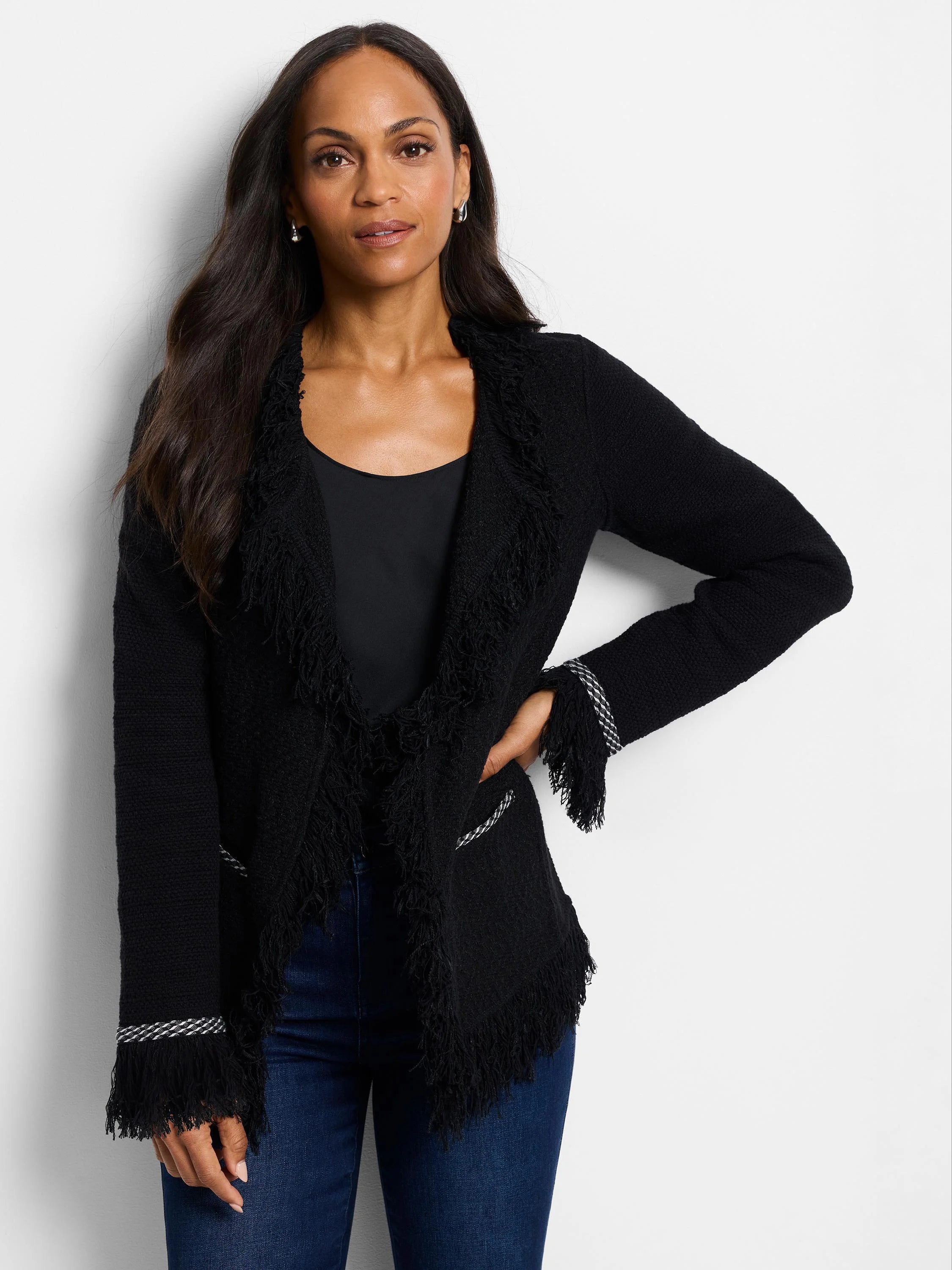 Statement Fringe Mix Knit Jacket in Blx