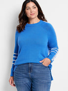 Bright blue ribbed crew neck sweater with white stitched details on the sleeves.