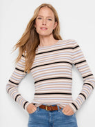 Striped ribbed sweater tee with beige, light blue, and black horizontal stripes.  Long sleeves, crew neck.