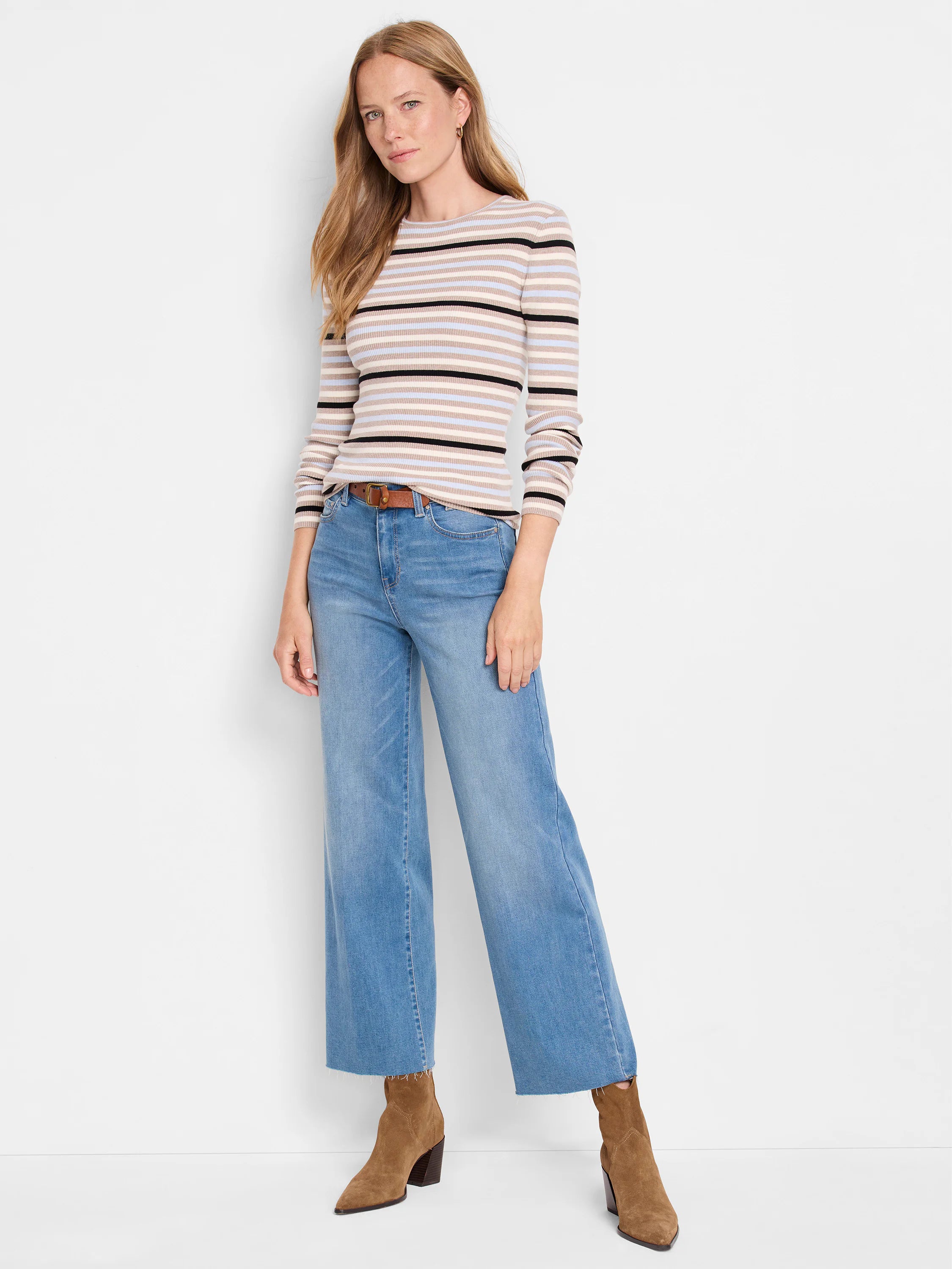 Beige, blue, and black horizontal striped, ribbed, long-sleeved tee.