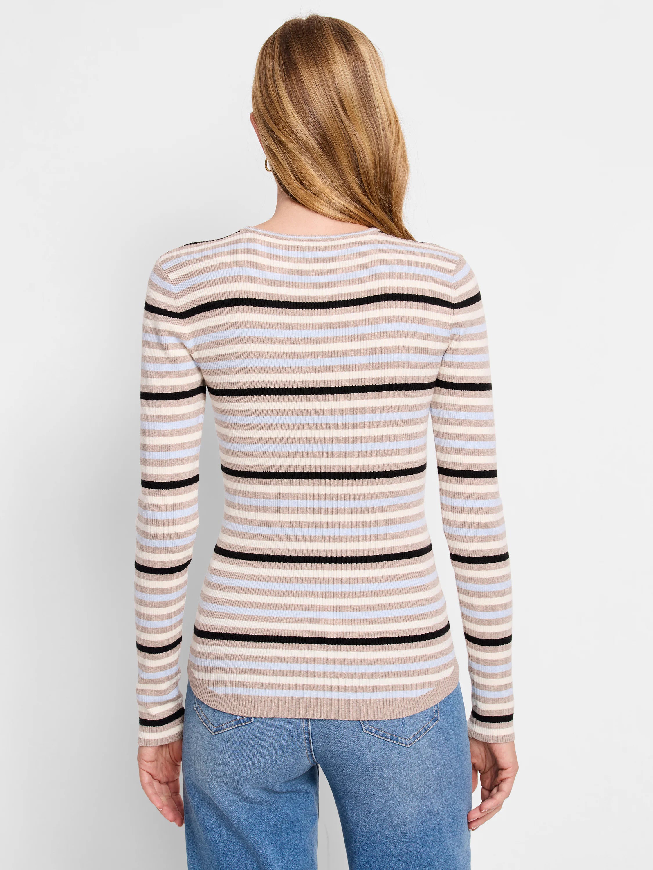 Beige, light blue, and black horizontal stripes on a ribbed, long-sleeved sweater.
