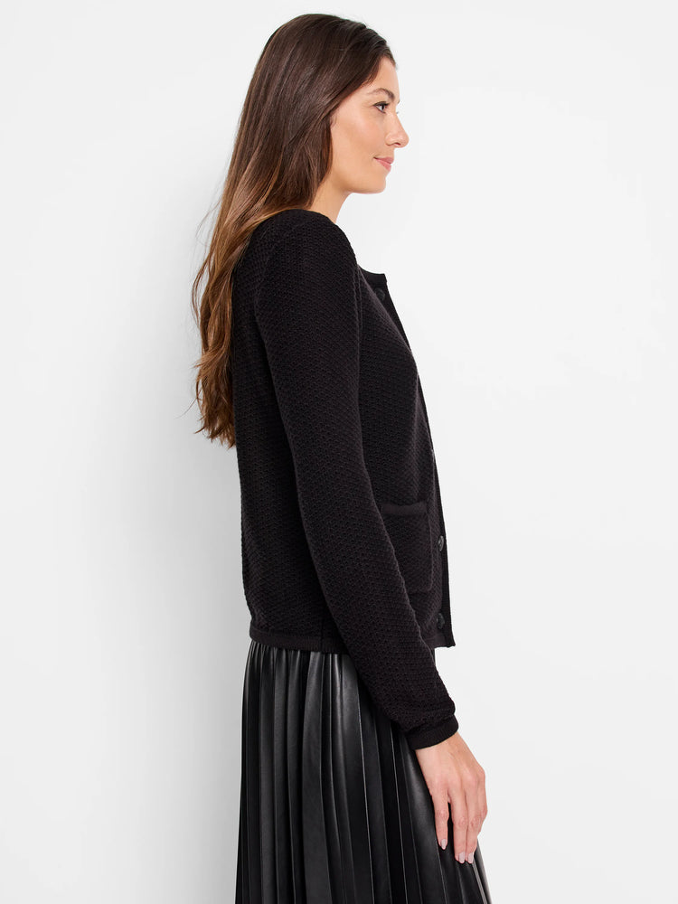 Black textured sweater jacket, button front, small pockets.