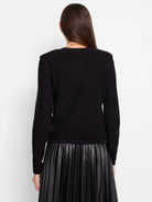 Black textured sweater jacket, long sleeves,  close-knit fabric.  Rear view.