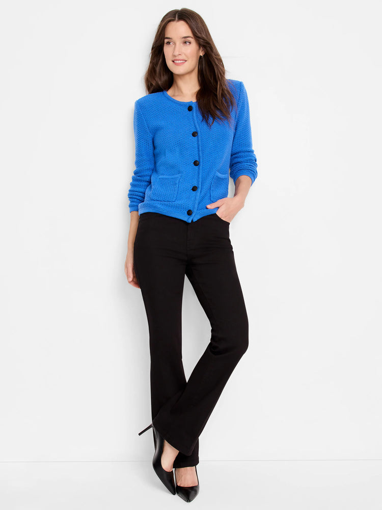 Bright blue, textured knit cardigan sweater jacket;  black buttons & patch pockets.