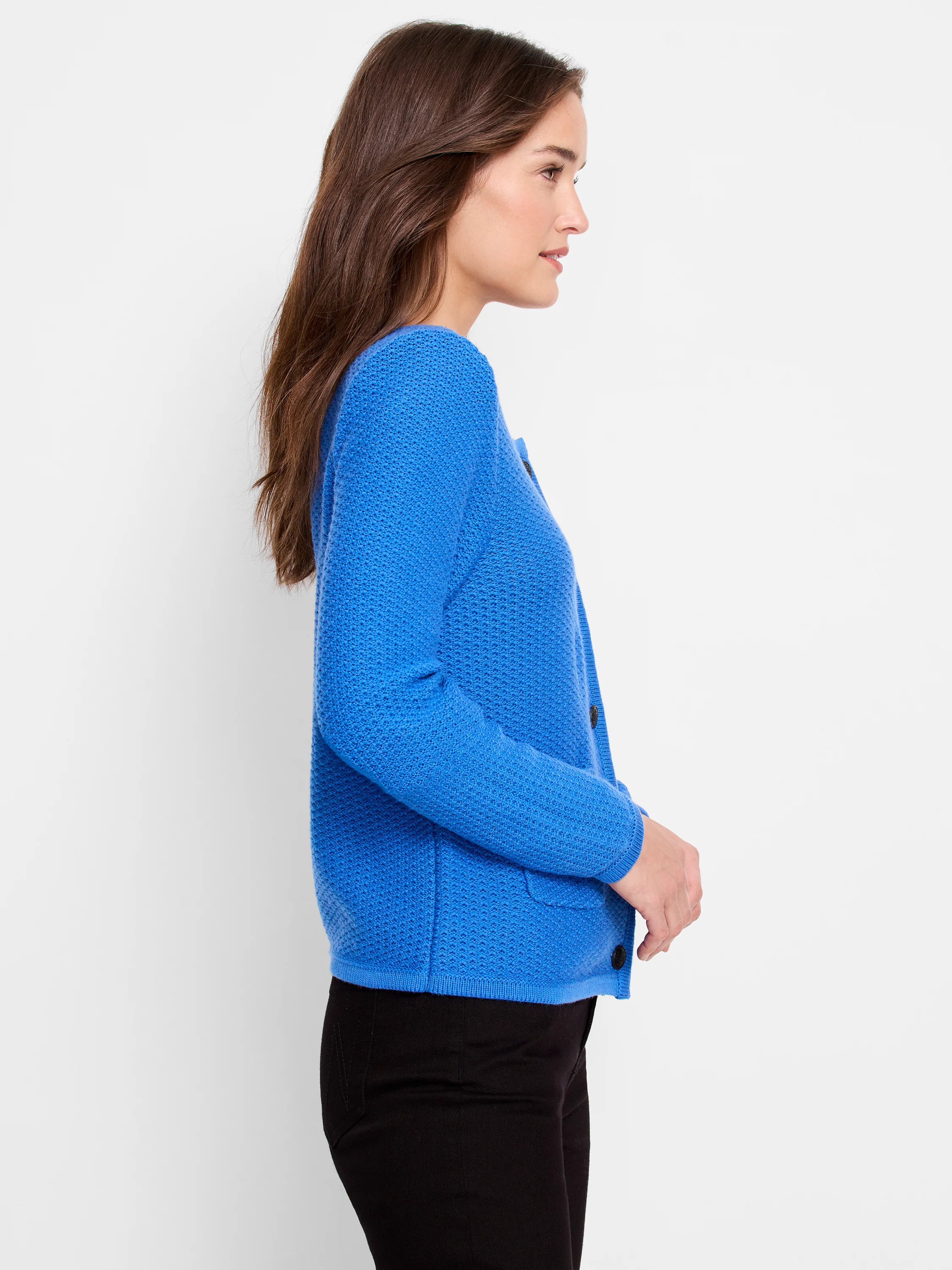 Blue textured sweater jacket, button front, pockets.
