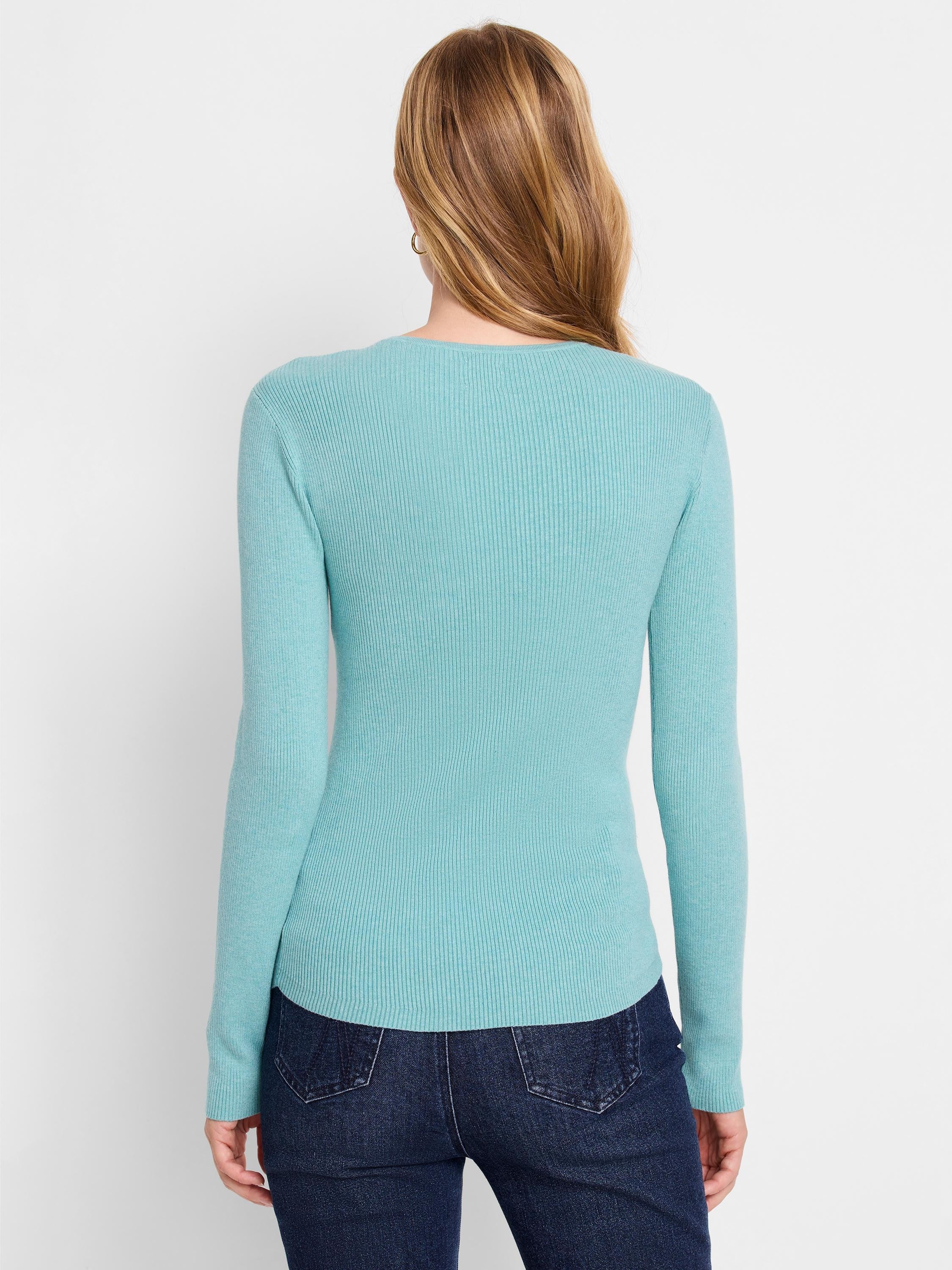 Here's alt text for the image, following your specifications:

"Teal ribbed knit sweater tee; long sleeves, close-fitting.