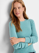 Teal ribbed long-sleeve tee.  Fine vertical ribbing. Crew neck.