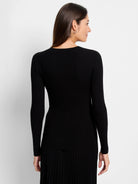 Black ribbed, long-sleeved, fitted sweater tee.