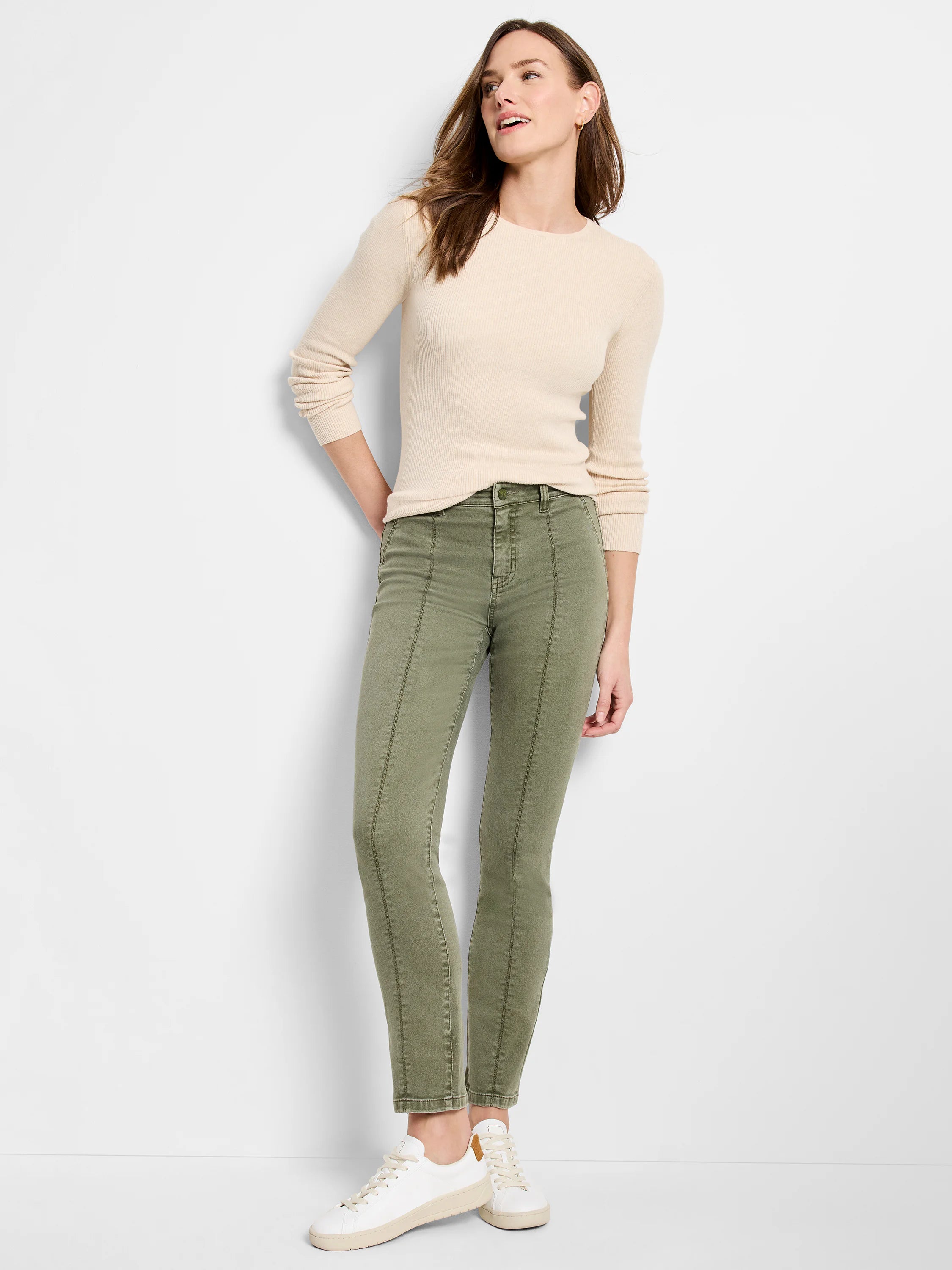 Beige ribbed, long-sleeved crewneck tee.