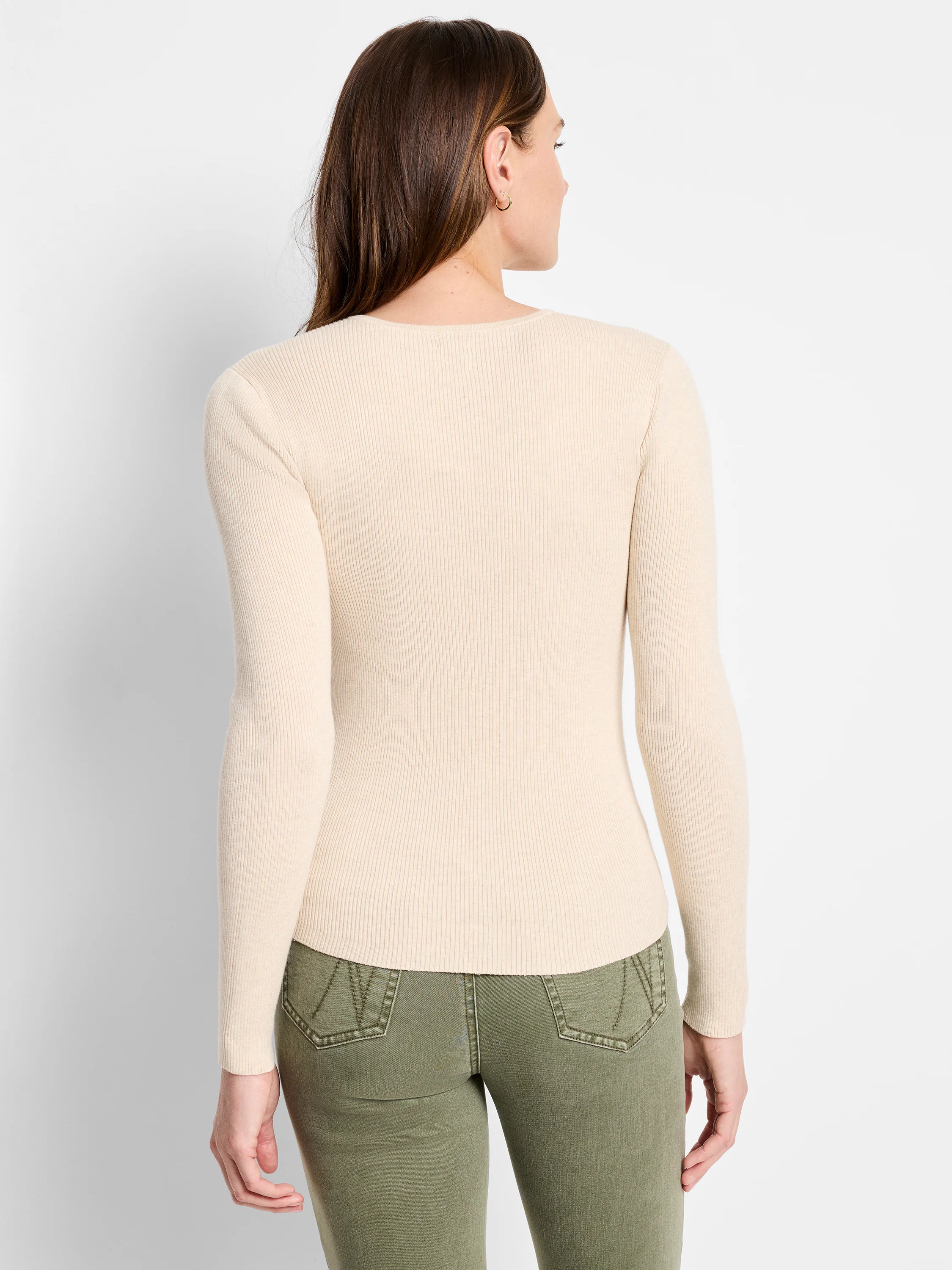 Off-white ribbed, long-sleeved fitted sweater tee.  Back view.
