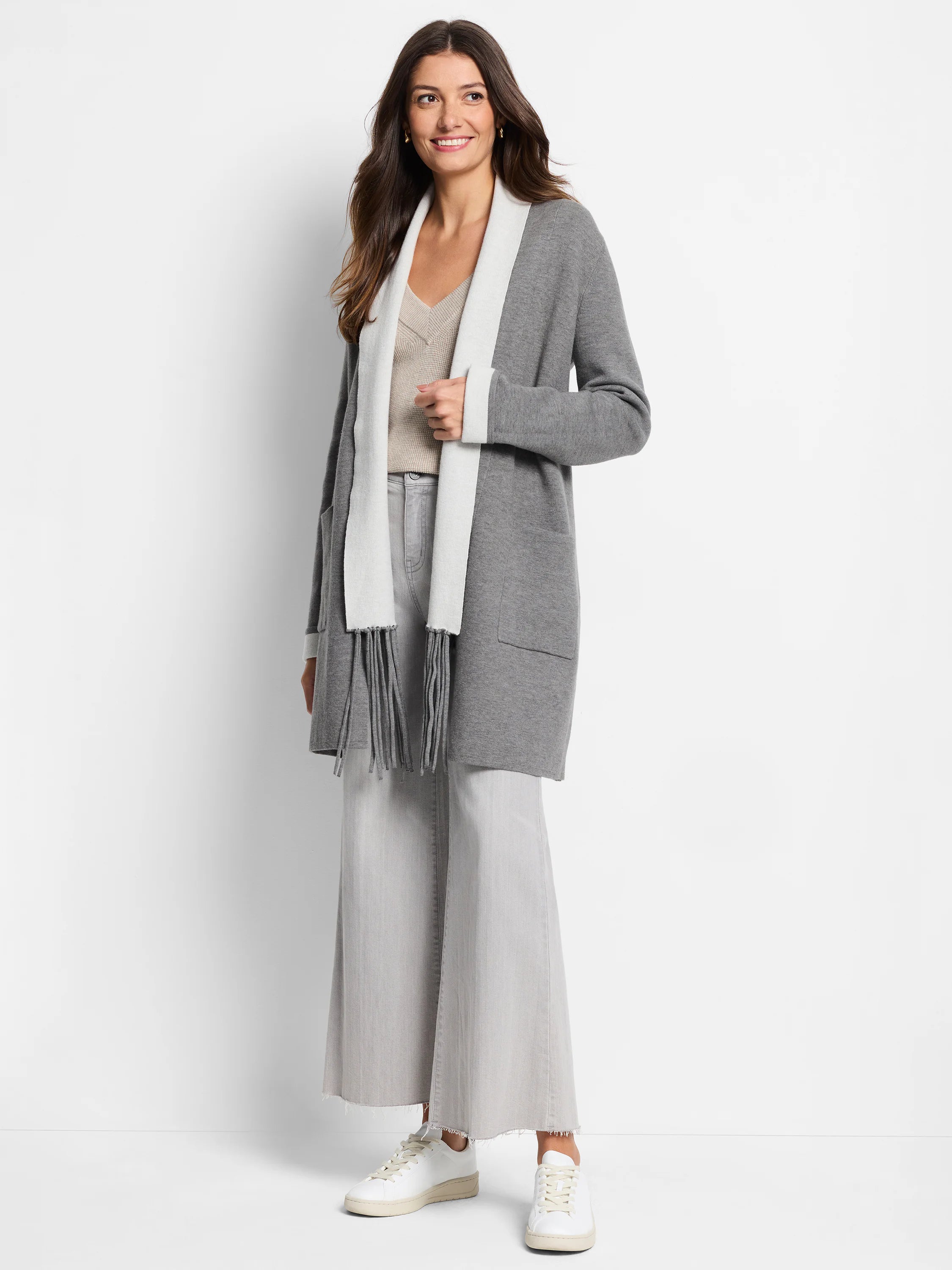 Gray reversible jacket with white interior; features a shawl collar and fringe detailing.