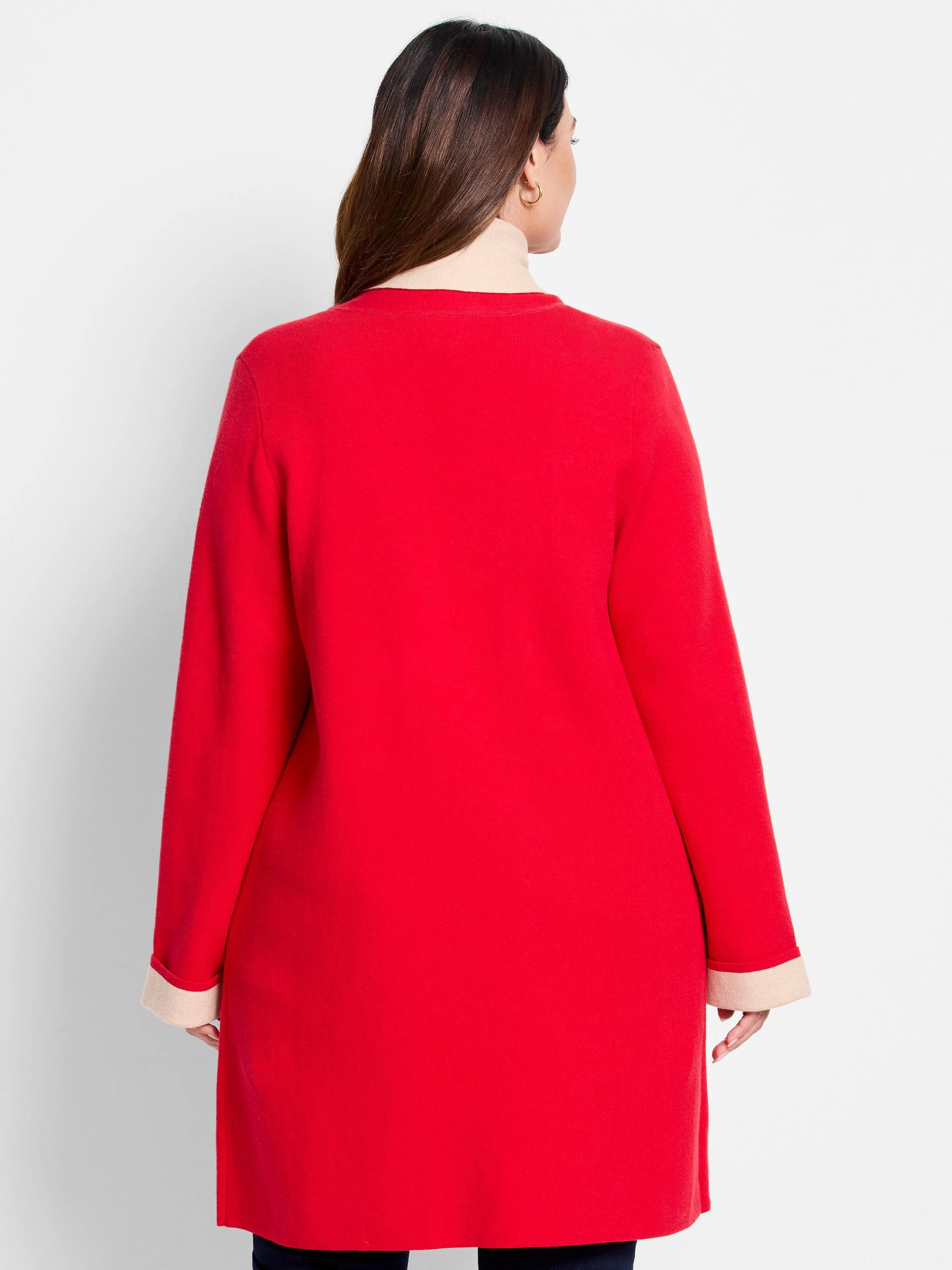 Red long-sleeve jacket, beige collar and cuffs.  Back view.