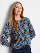 Women's long-sleeve sweater.  Dark background with teal, purple, brown, and beige abstract pattern.  Crew neck.