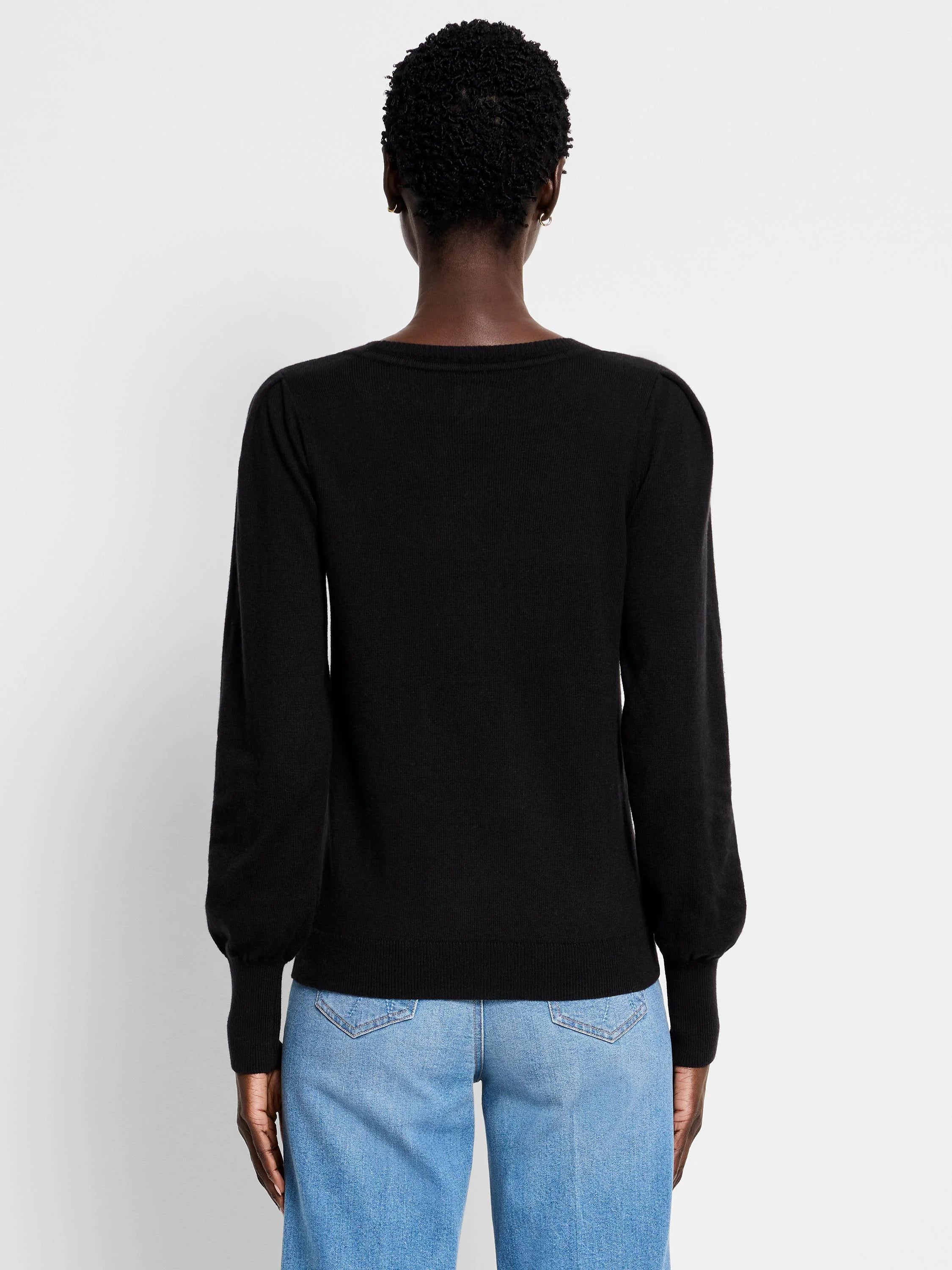 Black crewneck sweater with subtle puff sleeves and ribbed cuffs, viewed from the back.