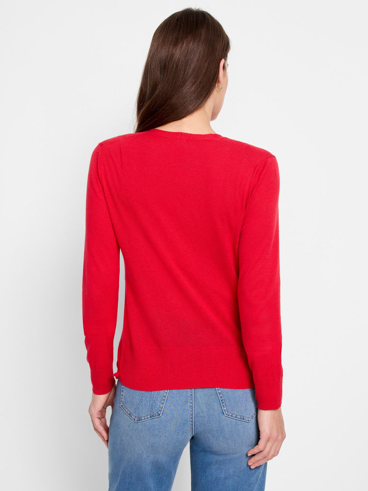 Back view of a red knit cardigan with long sleeves and ribbed cuffs/hem, worn by a woman.