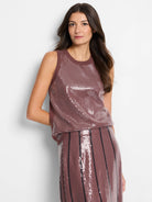 Mauve sequin knit tank top; sleeveless, round neck.  Sequins are iridescent.