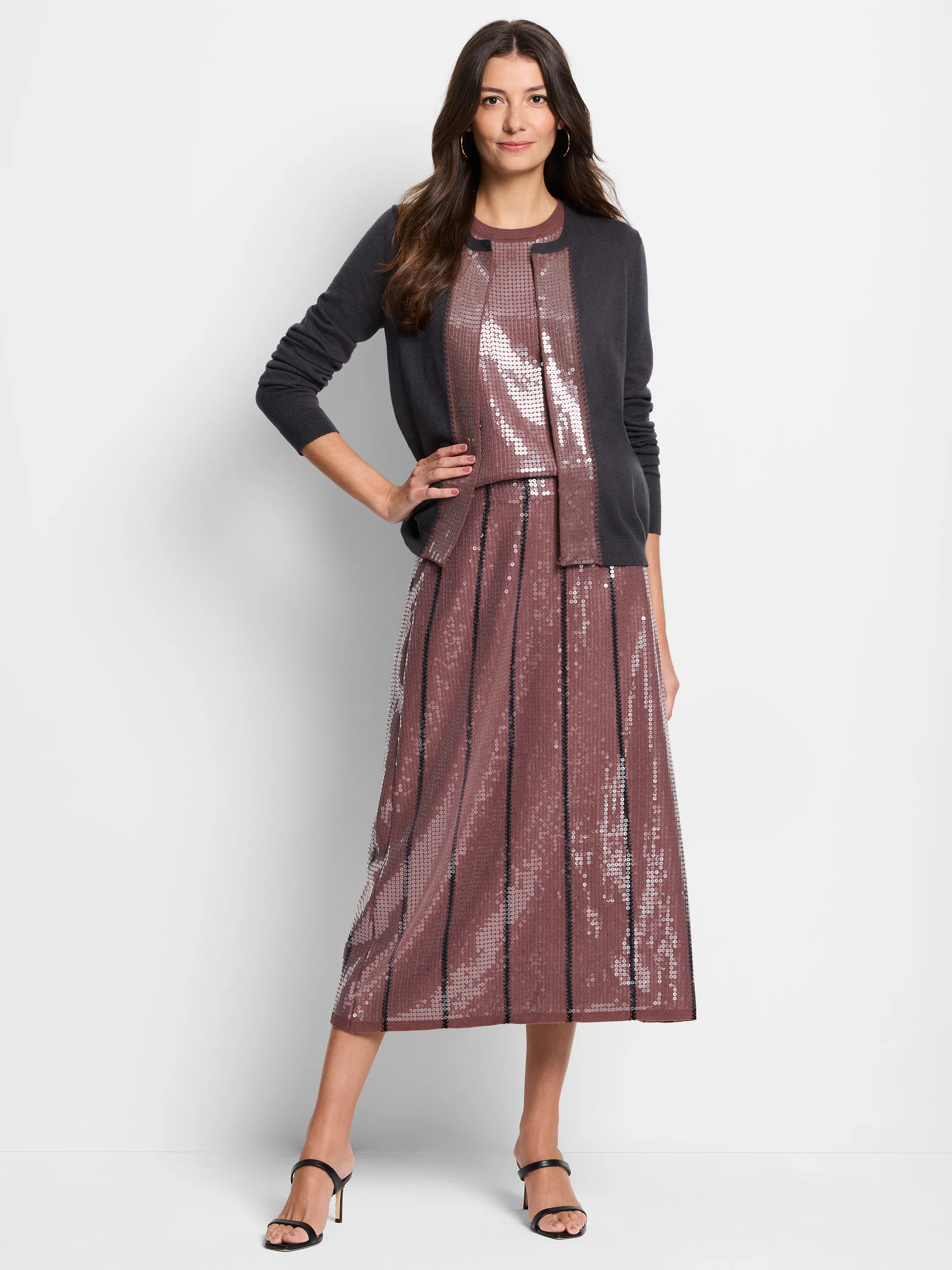Mauve sequin knit tank with dark gray vertical stripes.  Model wears it with a dark gray cardigan.