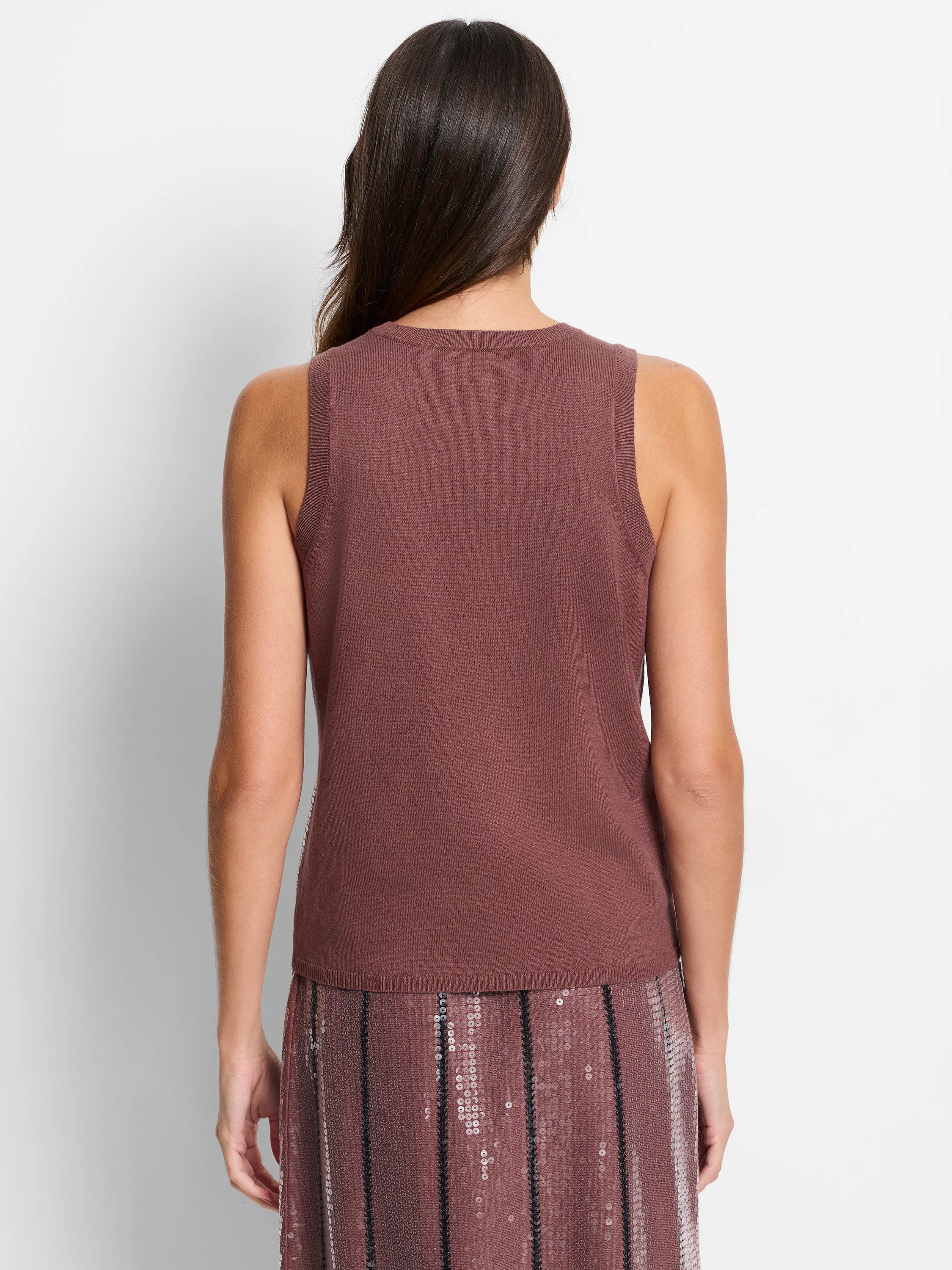 Mauve sleeveless knit tank.  Subtle sequined detailing at the hem.