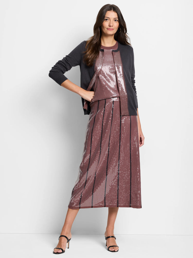 Dark gray cardigan with rose gold sequin trim along the front.