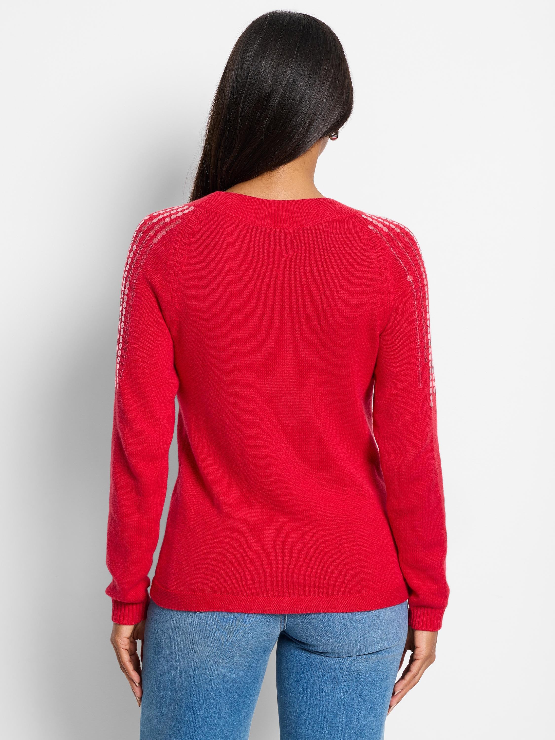 Red sweater with light pink/white sequin detailing on shoulders.  Long sleeves, crew neck.