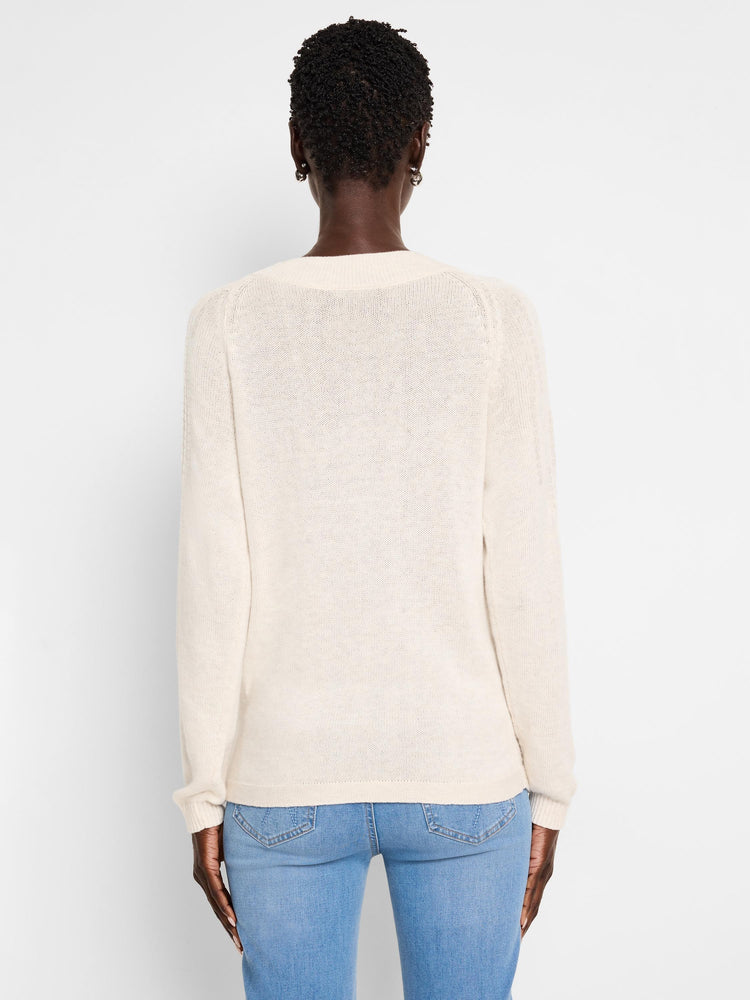 Off-white, knit sweater.  Long sleeves, v-neck.  Rear view.