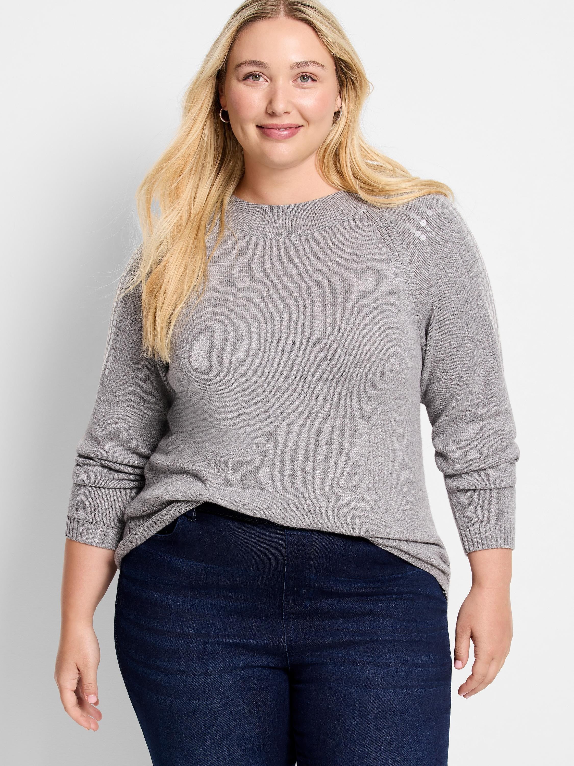 Gray crewneck sweater with subtle light-colored sequins on the shoulders.  Long sleeves.
