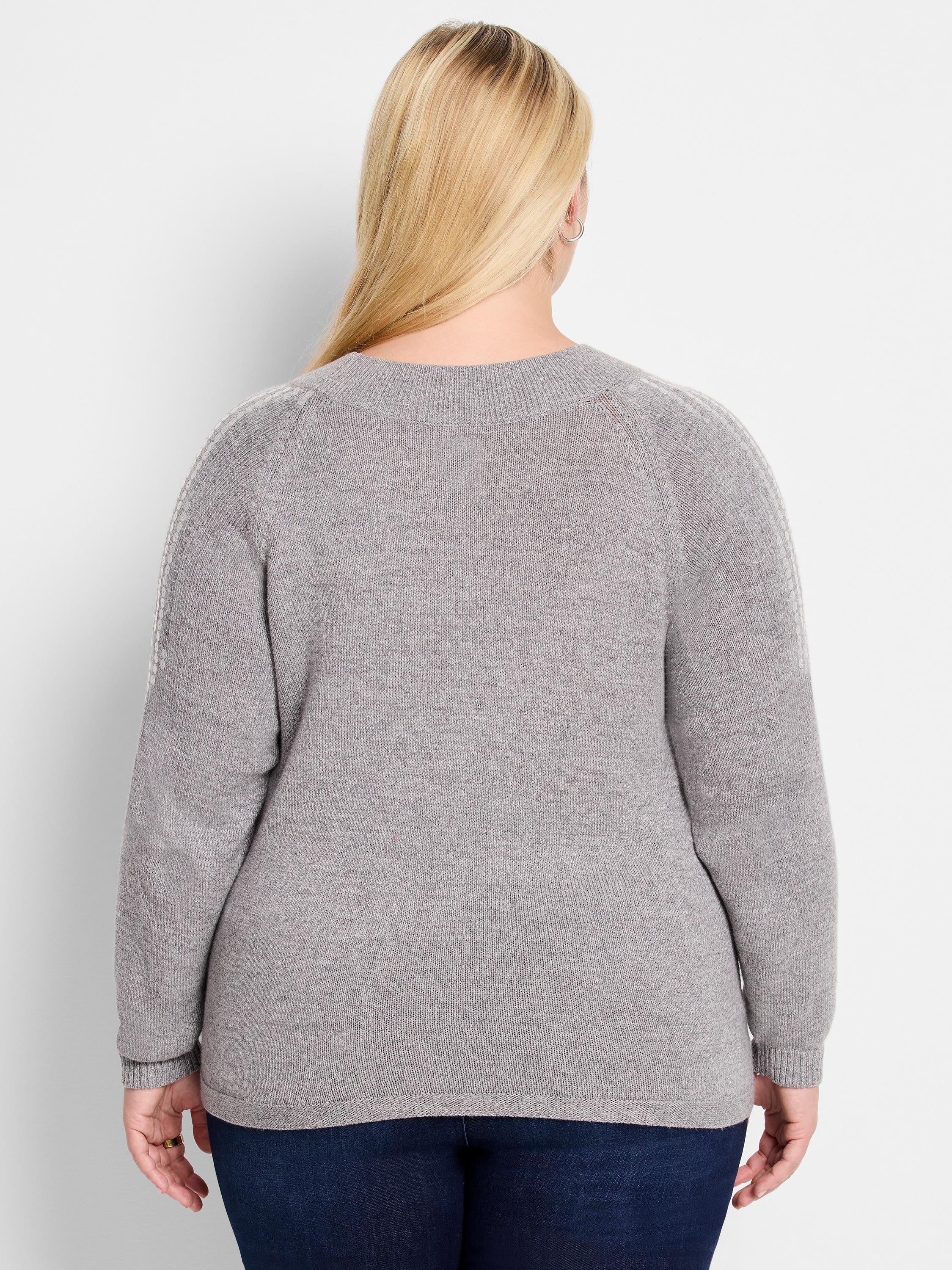 Here's alt text that meets the requirements:

Gray sweater, raglan sleeves with lighter gray detailing.