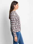 Waffle Stitch Stamp Sweater: Brown, white, and taupe abstract pattern on long-sleeved mock neck top.