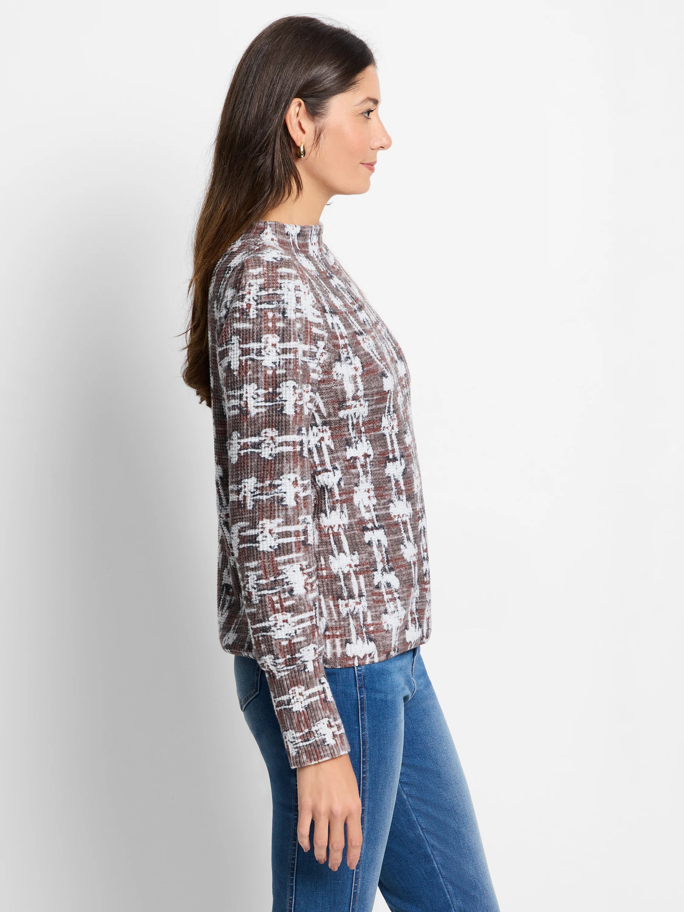 Waffle Stitch Stamp Sweater: Brown, white, and taupe abstract pattern on long-sleeved mock neck top.