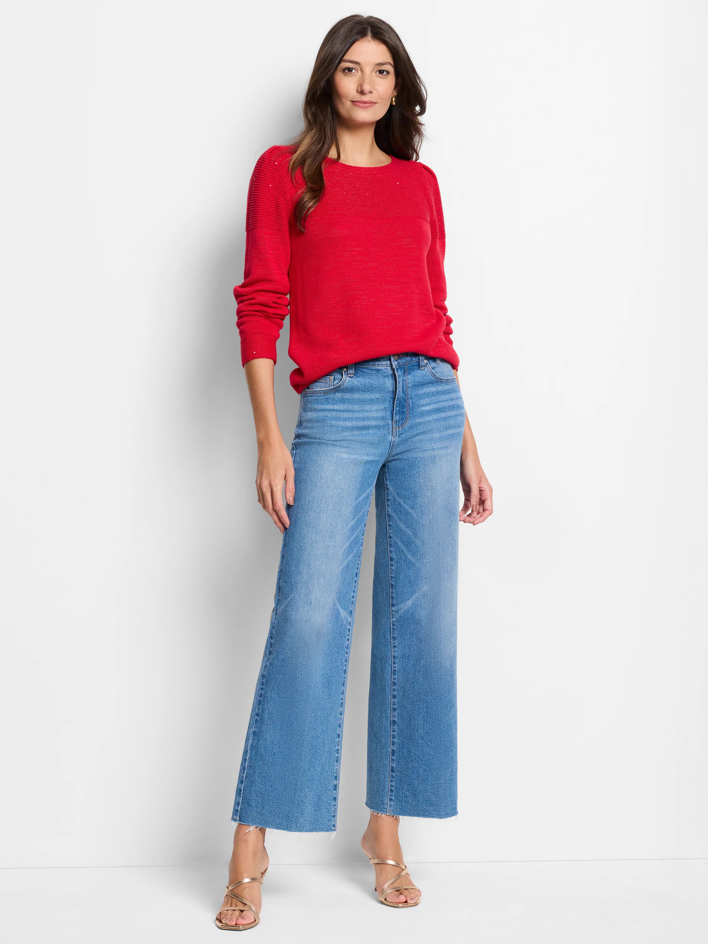 Red sequin-detail sweater, long sleeves, round neck.