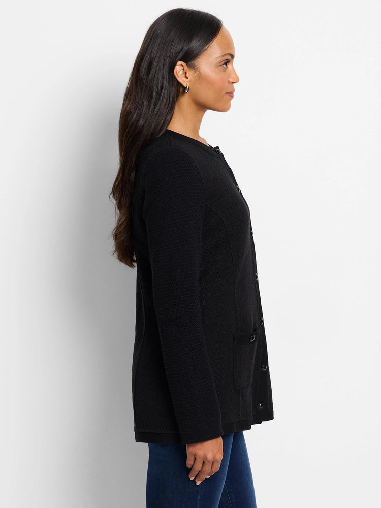 Black knit jacket, button front, textured fabric, small pockets.