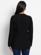 Black knit jacket, buttoned up, textured weave.  Long sleeves.  Shown from the back.