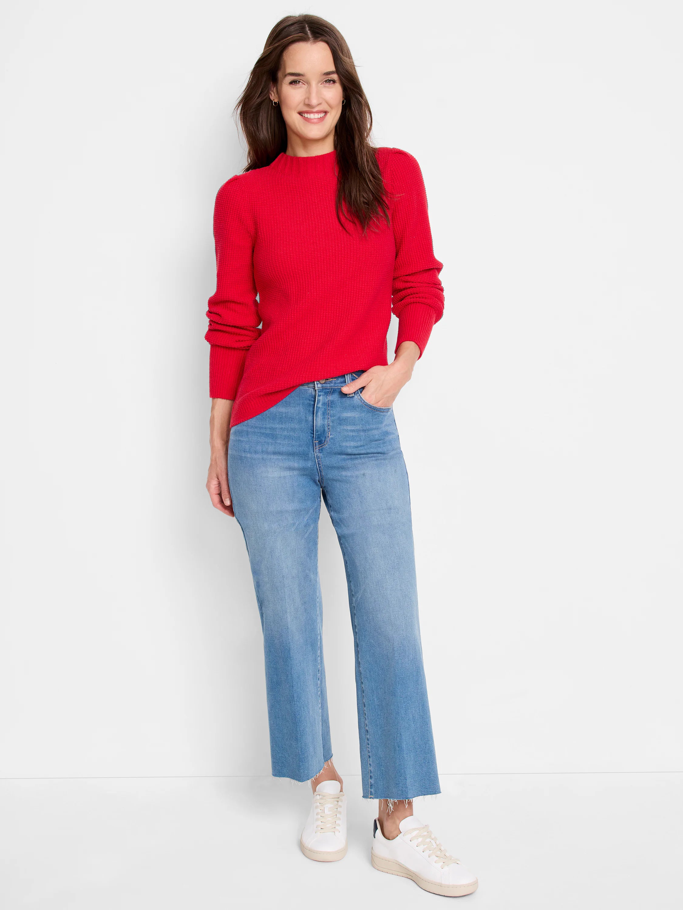 Red waffle-knit sweater, long sleeves, mock neck.