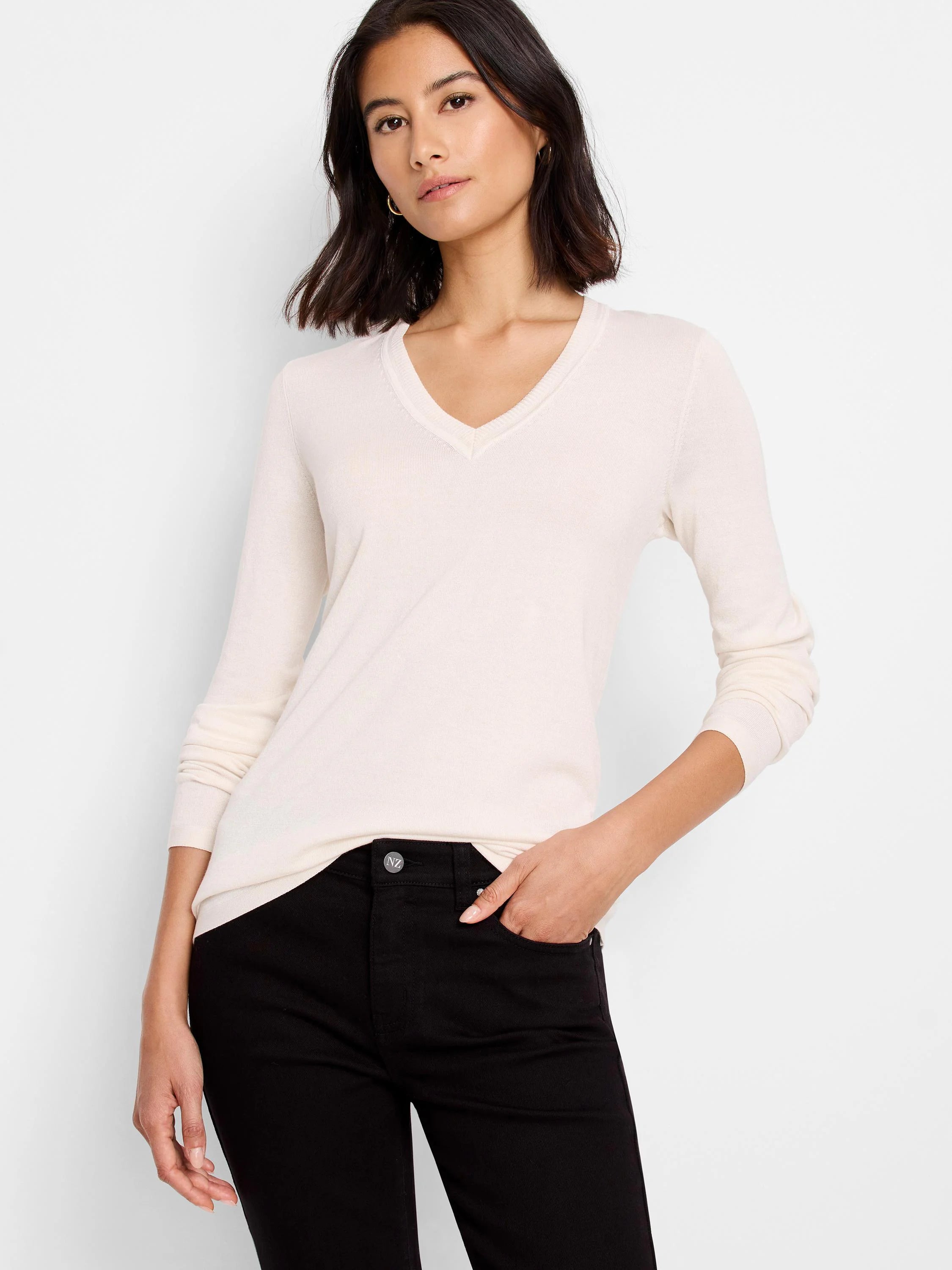 Off-white V-neck long-sleeve sweater tee.