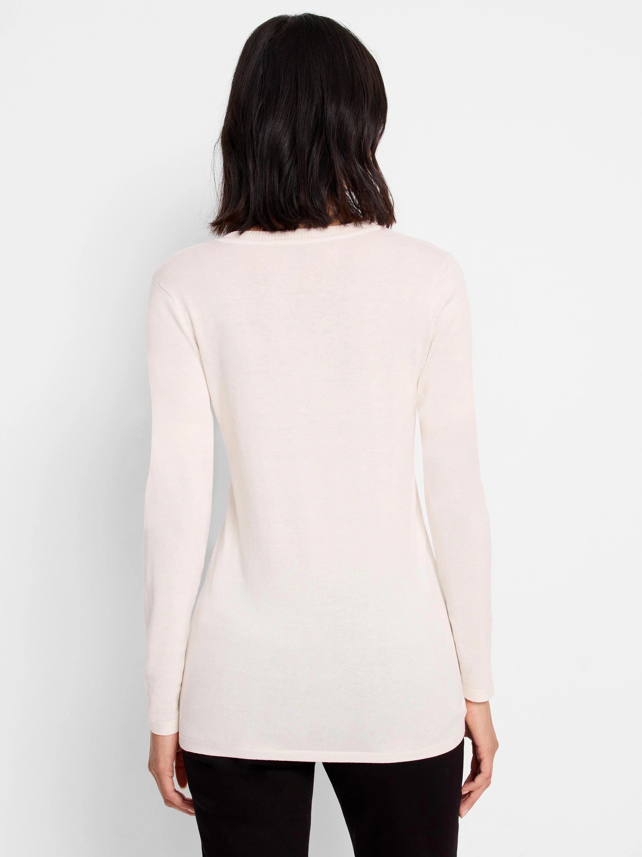 Off-white V-neck sweater tee, long sleeves, shown from the back.