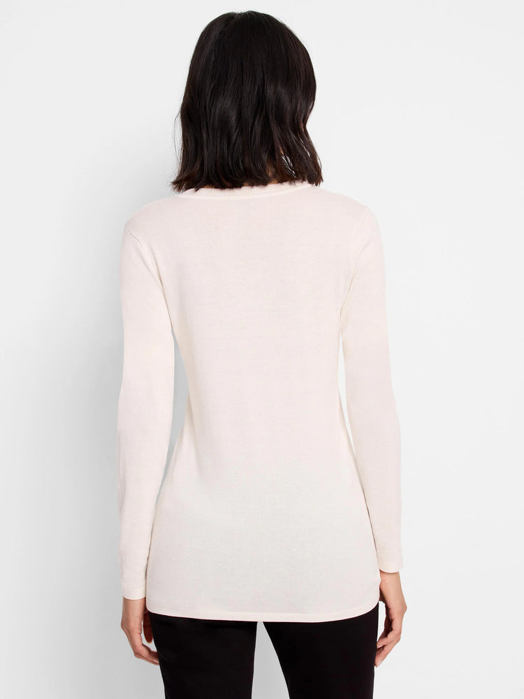 Off-white V-neck sweater tee, long sleeves, shown from the back.