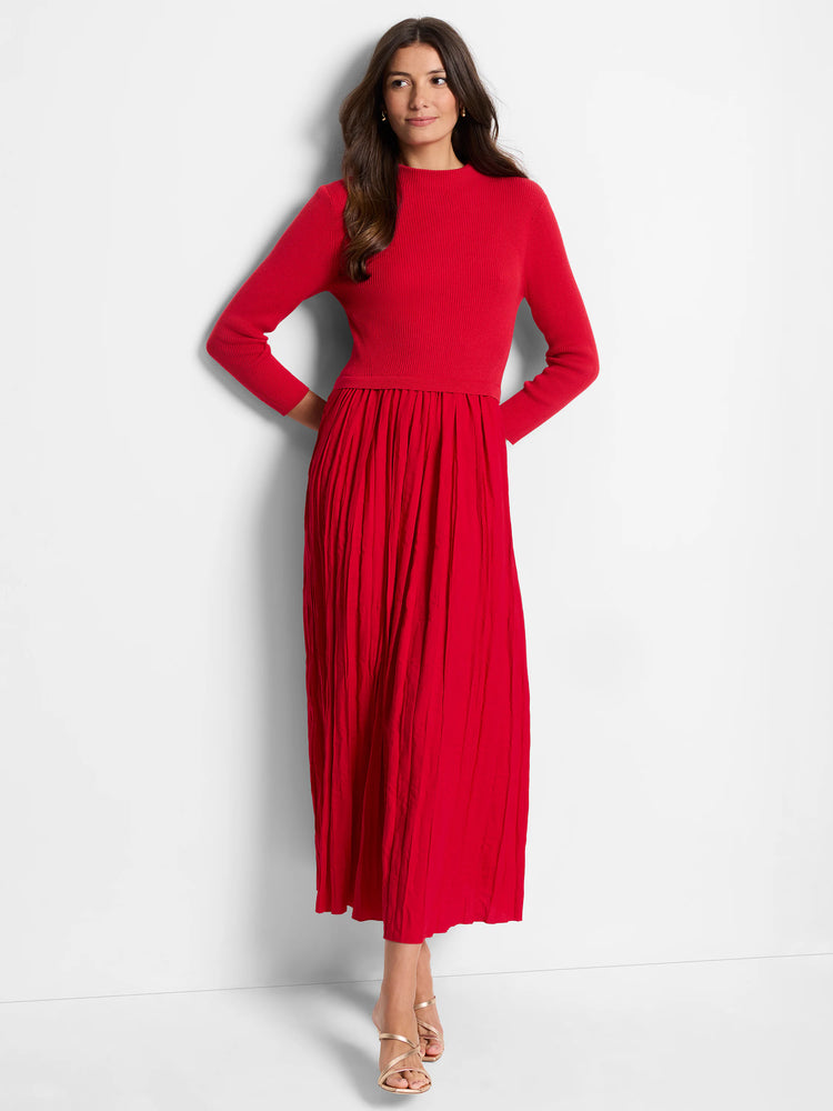 Red midi dress.  Fitted ribbed bodice, pleated skirt. Long sleeves.