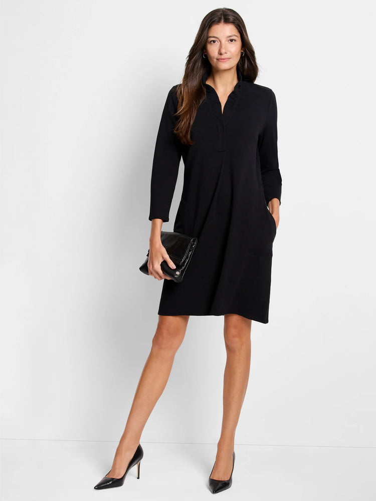 Black mini dress, ruffled collar, three-quarter sleeves, and side pockets.