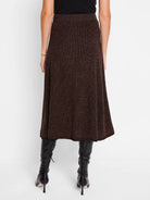 Brown and black knit midi skirt, textured, A-line silhouette.  Metallic flecks throughout.