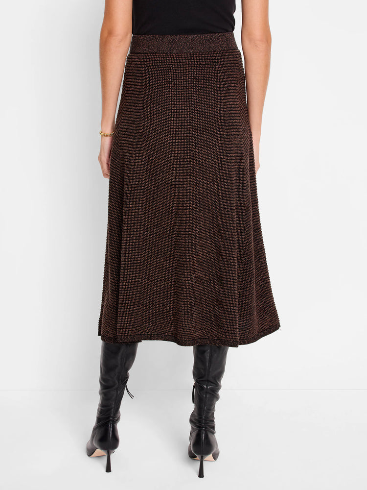 Deep brown pixel knit midi A-line skirt, shown from the back.
