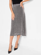 Black and light beige knit midi skirt with a metallic waistband. A-line silhouette.