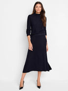 Dark navy blue, midi-length A-line knit skirt with textured weave.