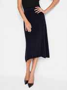 Dark navy blue, midi-length knit skirt; textured fabric; A-line shape.