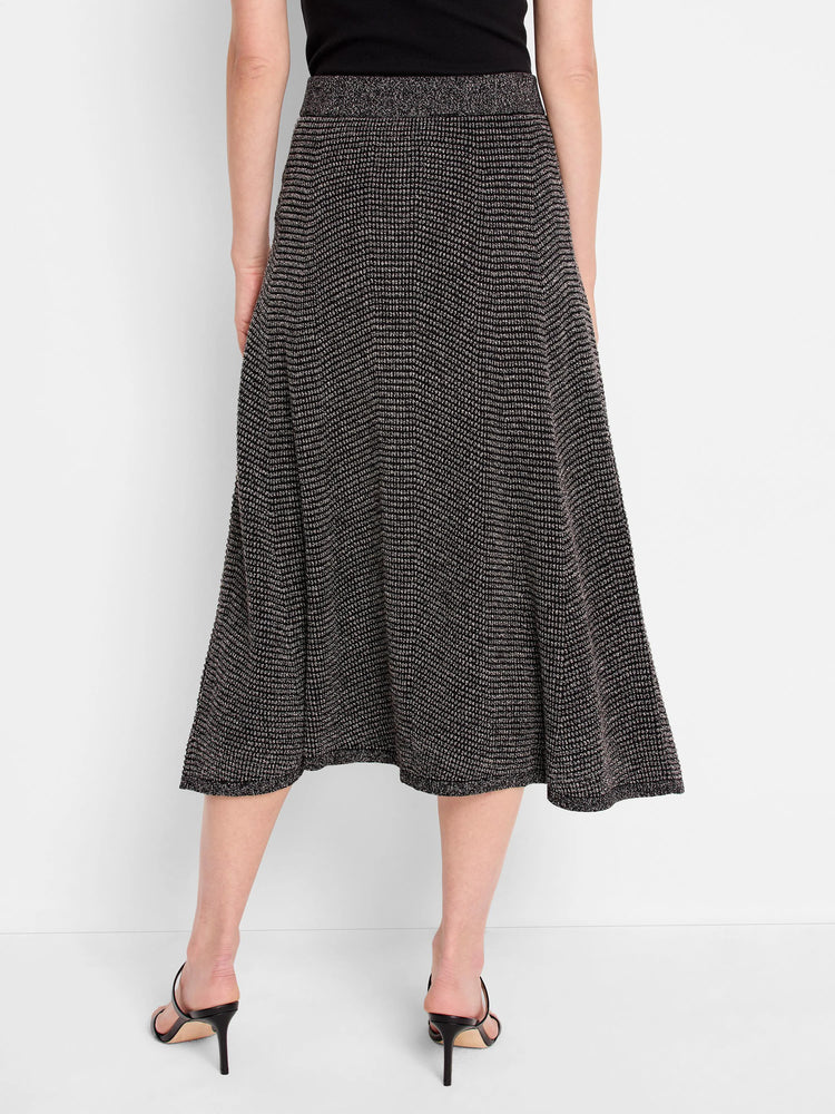 Black A-line midi skirt with a fine, light pixelated knit pattern.