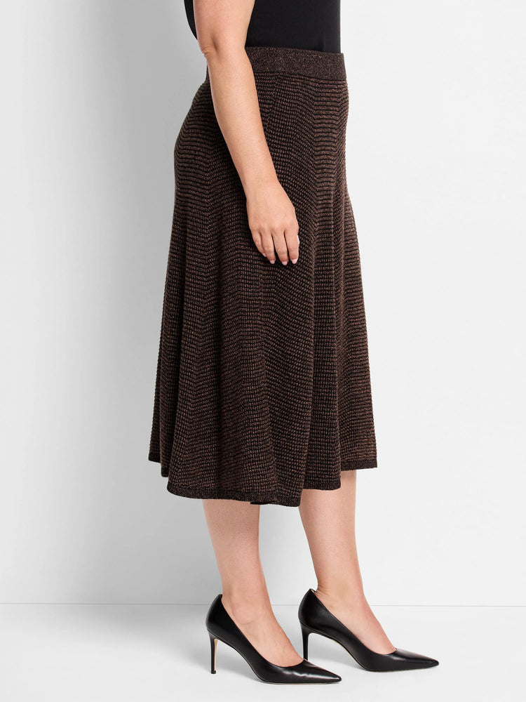 Dark brown pixel knit midi skirt with a flared silhouette.